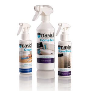 Grupo de tres productos en spray para la línea de hogar marca Nasiol: Clean, HomeTex y HomeShine