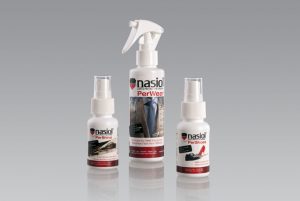 Grupo de tres productos en spray para la línea personal marca Nasiol: PerShine, PerWear y PerShoes