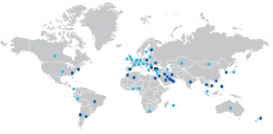 Mapa mundial con las ubicaciones de Nasiol marcadas en círculos de distintos tonos de azul