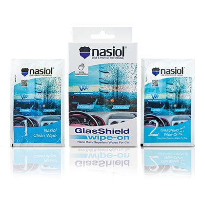 Paquete de Nasiol Glasshield Wipe On en 1 caja y 2 sobres